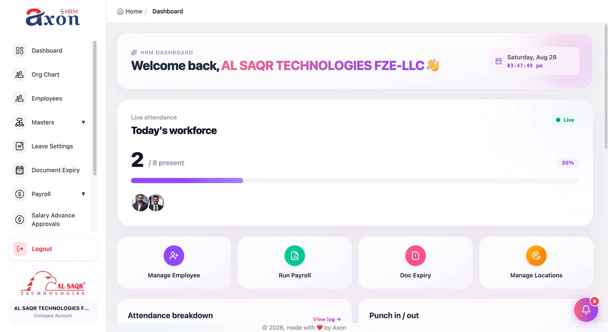 Axon HRM administrative dashboard