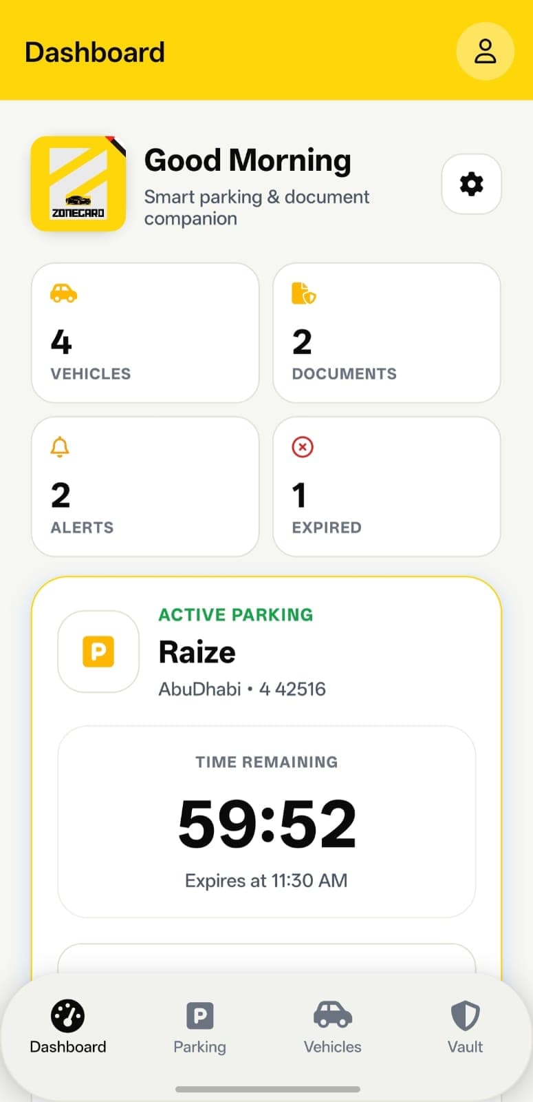 ZoneGard dashboard showing an active parking countdown